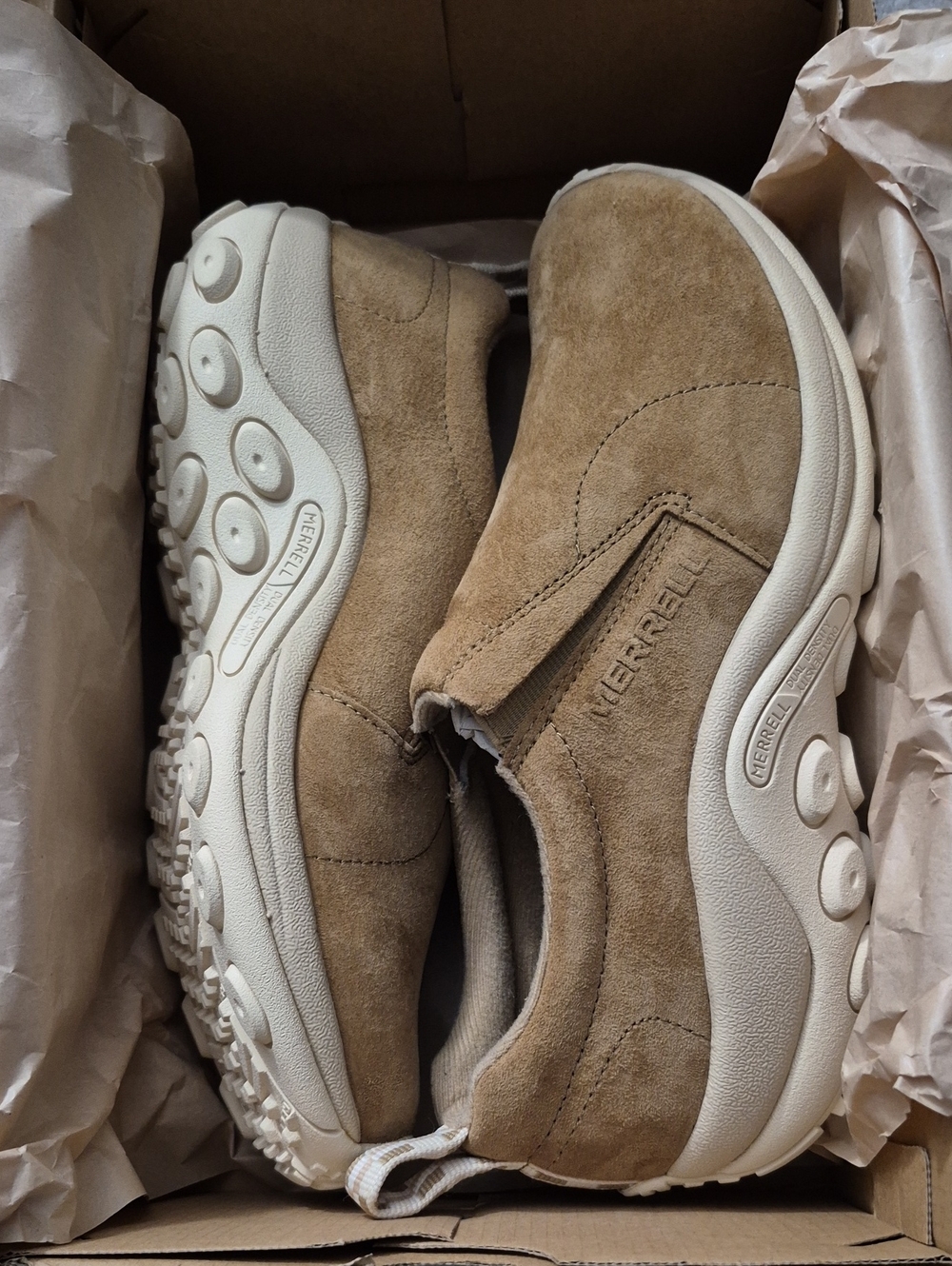 Merrell Men’s Slip-On Suede Loafers — Light Brown & Cream